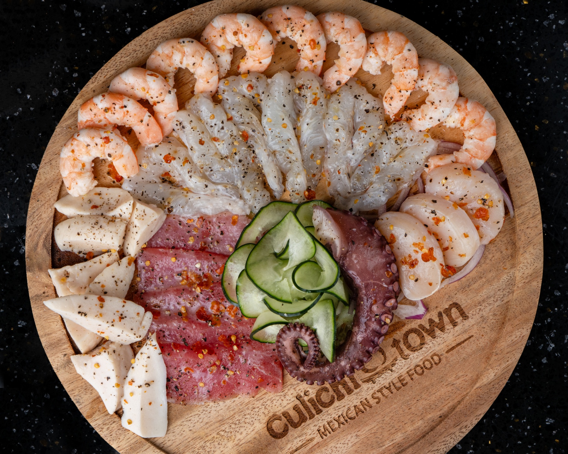 Culichitown seafood platter with shrimp, scallops, tuna and octopus